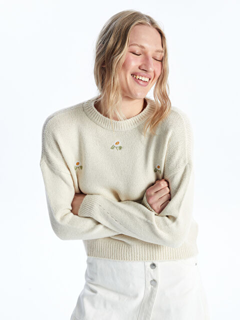 XSIDE Bisiklet Yaka Nakışlı Kadın Triko Kazak - W43535Z8-YHG