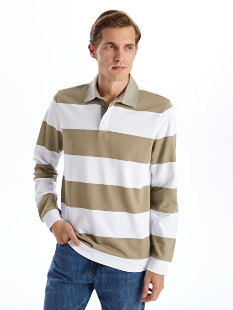 LCWAIKIKI Basic Polo Yaka Uzun Kollu Çizgili Erkek Kalın Sweatshirt - W43690Z8-SJJ