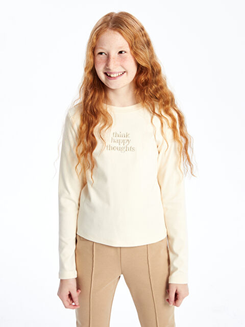 LCW Kids Bisiklet Yaka Nakışlı Uzun Kollu Kız Çocuk Tişört - W43778Z4-YDK