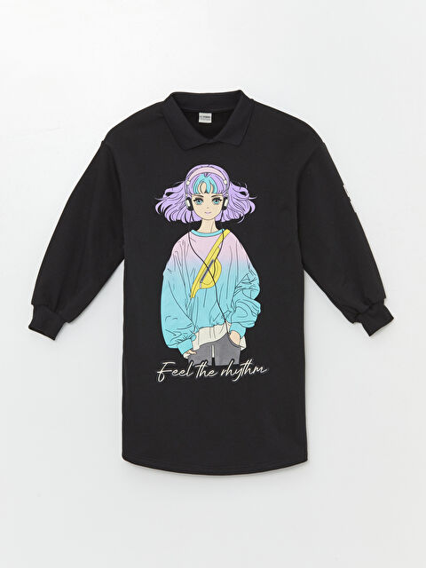 LCW Kids Polo Yaka Baskılı Uzun Kollu Kız Çocuk Elbise - W44147Z4-R4W