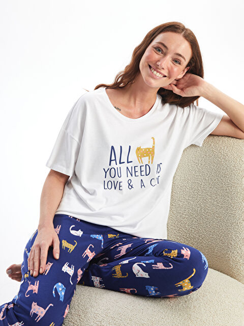 LCW DREAM Bisiklet Yaka Baskılı Kısa Kollu Kadın Pijama Takımı - W44202Z8-LSF