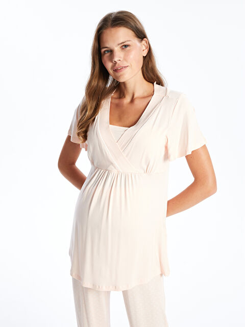 LCW DREAM Kruvaze Yaka Düz Kısa Kollu Hamile Pijama Takımı - W44537Z8-LSZ
