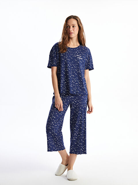 LCW DREAM Bisiklet Yaka Kısa Kollu Desenli Kadın Kaprili Pijama Takımı - W44578Z8-LSF