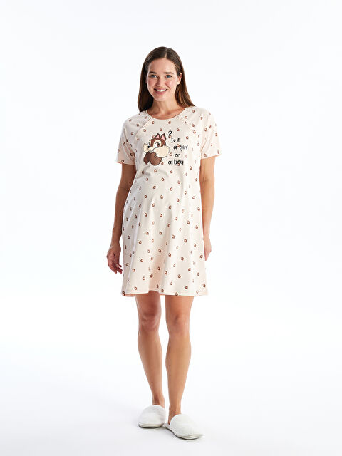 LCW DREAM Bisiklet Yaka Baskılı Kısa Kollu Hamile Gecelik - W44687Z8-LT6
