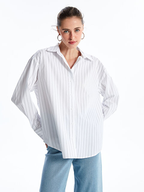 LCW Vision Çizgili Uzun Kollu Oversize Kadın Gömlek - W44873Z8-LEG