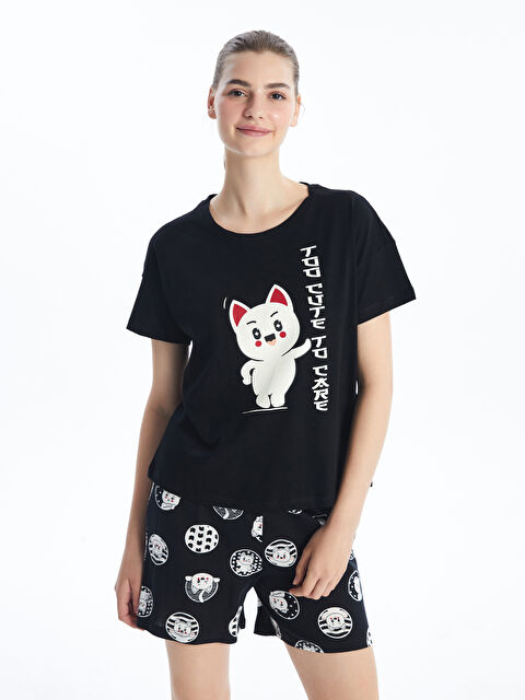 LCW Young Bisiklet Yaka Baskılı Kısa Kollu Kadın Şortlu Pijama Takımı - W44889Z8-LQJ