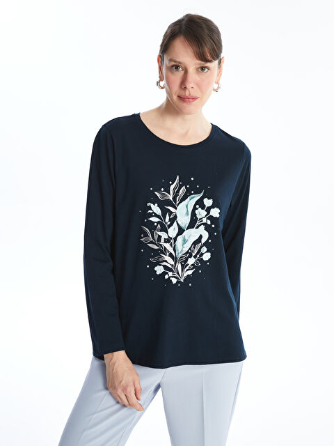 LCW Grace Bisiklet Yaka Baskılı Uzun Kollu Kadın Tişört - W45140Z8-E1J