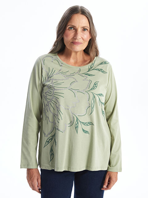 LCW Grace Bisiklet Yaka Baskılı Uzun Kollu Kadın Tişört - W45140Z8-GHY