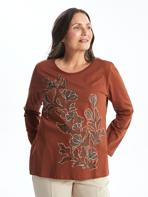 LCW Grace Bisiklet Yaka Baskılı Uzun Kollu Kadın Tişört - W45140Z8-HGN