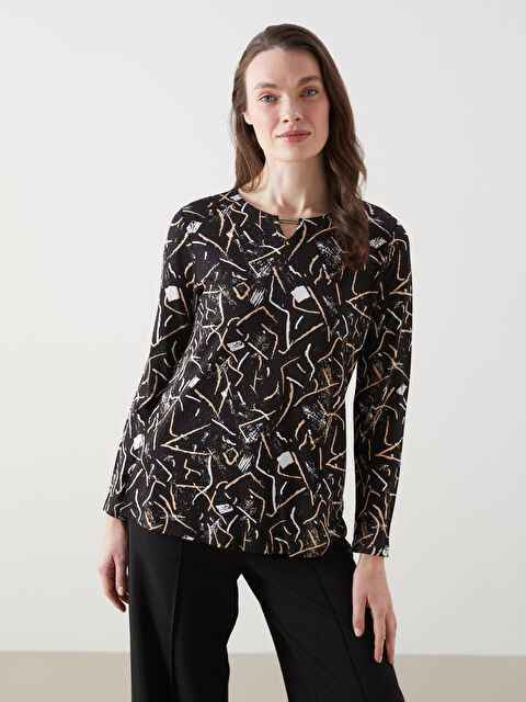 LCW Grace Bisiklet Yaka Desenli Uzun Kollu Kadın Bluz - W45463Z8-LQJ