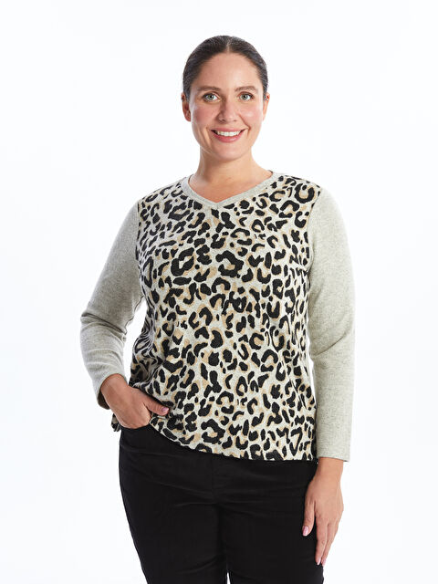 LCW Grace V Yaka Leopar Desenli Uzun Kollu Kadın Bluz - W45554Z8-FMC