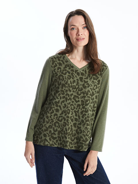 LCW Grace V Yaka Leopar Desenli Uzun Kollu Kadın Bluz - W45554Z8-GUY