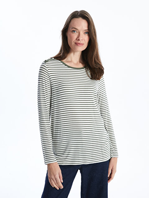 LCW Grace Bisiklet Yaka Çizgili Kadın Tişört - W45556Z8-LGE