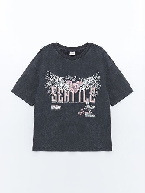 LCW Kids Bisiklet Yaka Baskılı Kısa Kollu Kız Çocuk Tişört - W45595Z4-502