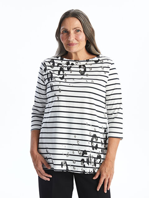 LCW Grace Bisiklet Yaka Çizgili Kadın Tişört - W45597Z8-SZ5