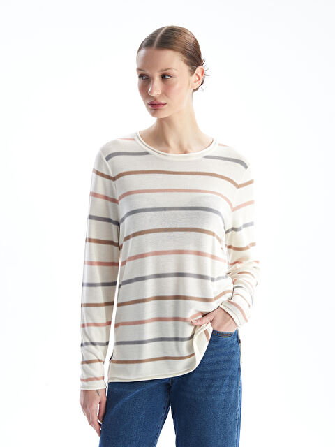 LCWAIKIKI Basic Женский трикотажный свитер в полоску с круглым вырезом и длинными рукавами - W46361Z8-LFC