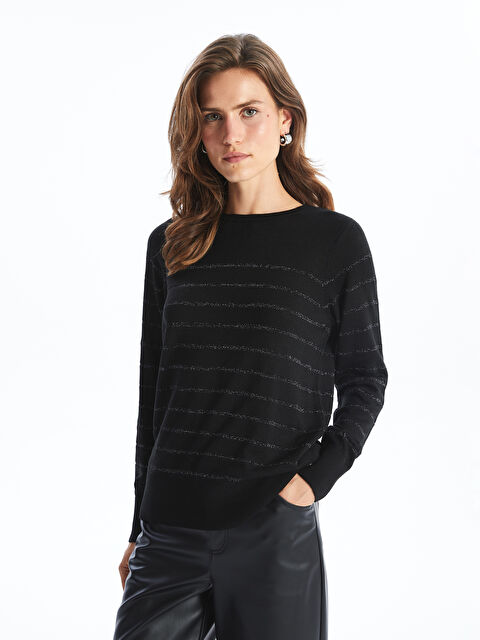 LCWAIKIKI Basic Bisiklet Yaka Çizgili Kadın Triko Kazak - W46396Z8-LEG