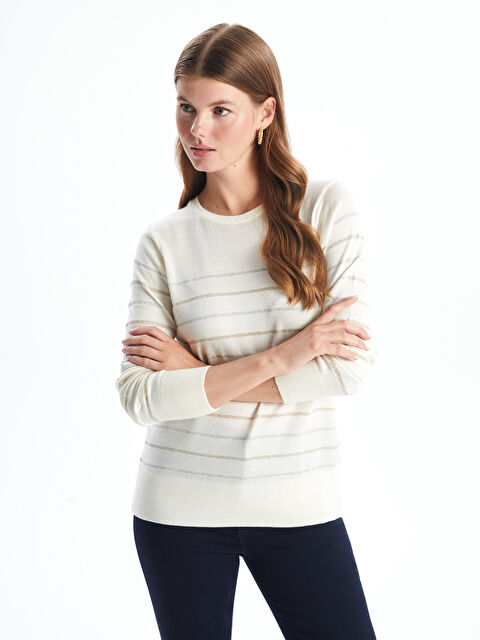 LCWAIKIKI Basic Bisiklet Yaka Çizgili Kadın Triko Kazak - W46396Z8-LFC