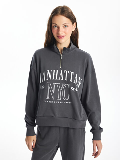 XSIDE Dik Yaka Baskılı Uzun Kollu Oversize Kadın Sweatshirt - W46661Z8-JPT