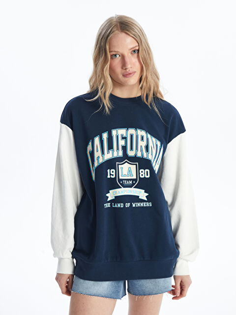 XSIDE Bisiklet Yaka Baskılı Uzun Kollu Oversize Kadın Sweatshirt - W46676Z8-SKL