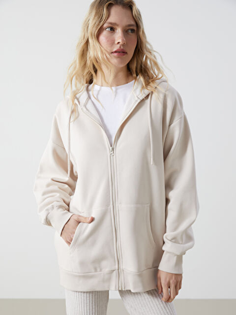 XSIDE Kapüşonlu Düz Oversize Kadın Kalın Fermuarlı Sweatshirt - W47112Z8-YFT