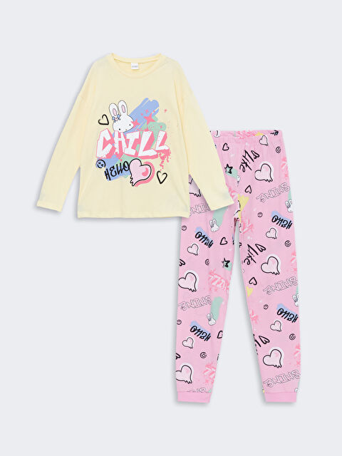 LCW Kids Bisiklet Yaka Baskılı Uzun Kollu Kız Çocuk Pijama Takımı - W47192Z4-FDS