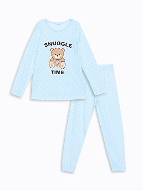 LCW Kids Bisiklet Yaka Ayı Teddy Baskılı Kız Çocuk Pijama Takımı - W47195Z4-LQQ