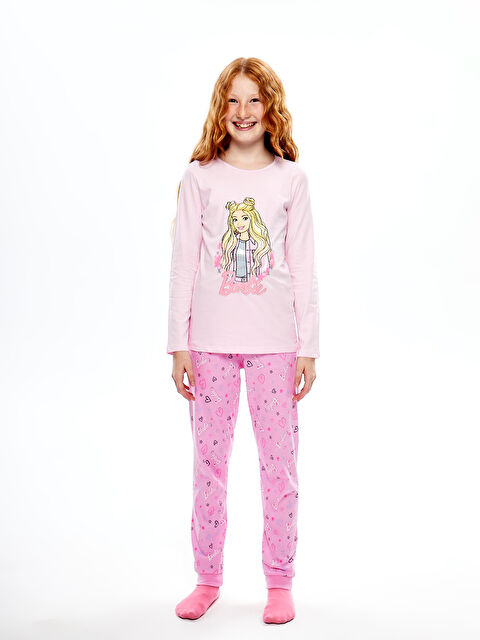 LCW Kids Bisiklet Yaka Barbie Baskılı Uzun Kollu Kız Çocuk Pijama Takımı - W47613Z4-QXD