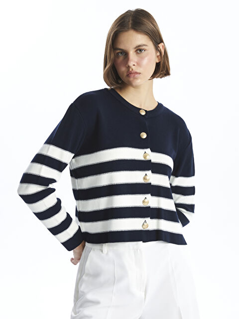 LCW Vision Bisiklet Yaka Çizgili Kadın Triko Hırka - W47846Z8-LGS