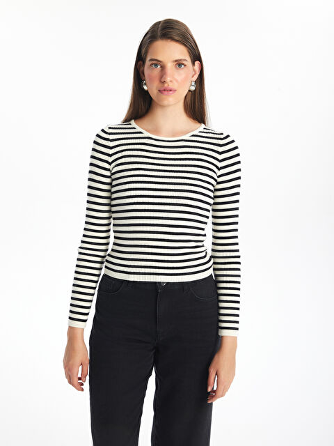 LCW Vision Bisiklet Yaka Çizgili Uzun Kollu Kadın Triko Kazak - W47869Z8-LEG