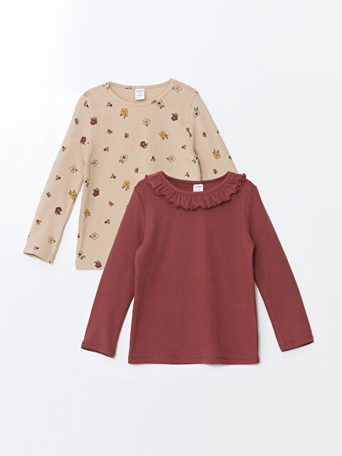 LCW Kids Bisiklet Yaka Çiçekli Kız Çocuk Tişört 2'li - W48564Z1-LRA