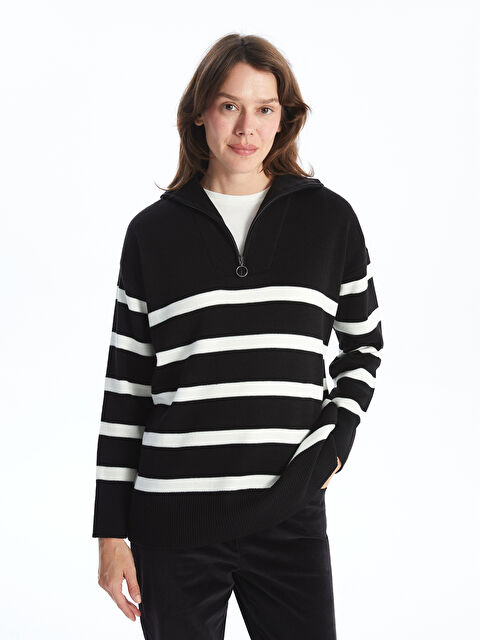 LCWAIKIKI Basic Dik Yaka Çizgili Oversize Kadın Triko Kazak - W48598Z8-CVL