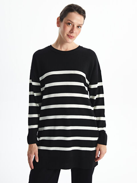 LCWAIKIKI Basic Bisiklet Yaka Çizgili Uzun Kollu Kadın Triko Tunik - W48599Z8-LEG