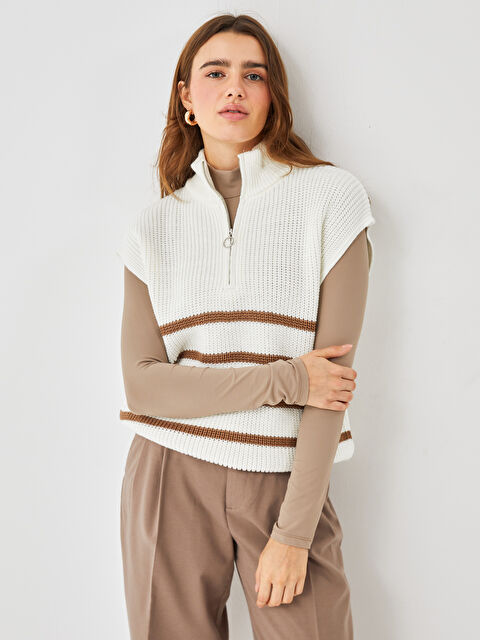 LCW Vision Bisiklet Yaka Çizgili Oversize Kadın Triko Süveter - W48627Z8-LKM