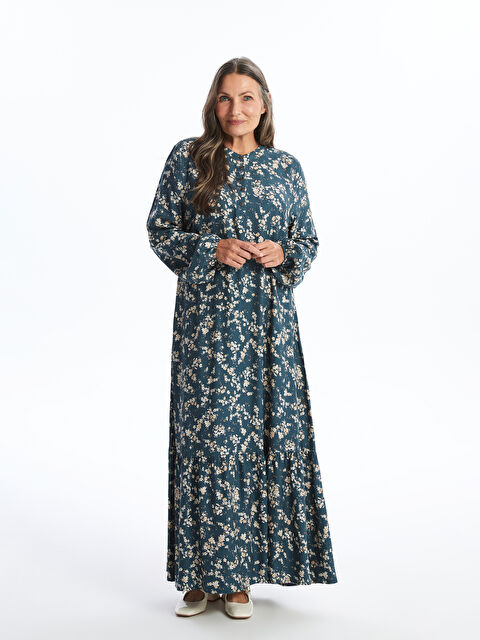 LCW Grace Bisiklet Yaka Çiçekli Uzun Kollu Elbise - W49225Z8-LSY