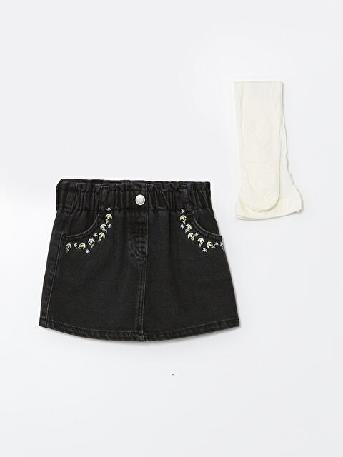 LCW Kids Belİ Lastikli Nakışlı Kız Çocuk Jean Etek ve Külotlu Çorap 2'li Takım - W49269Z1-SHP