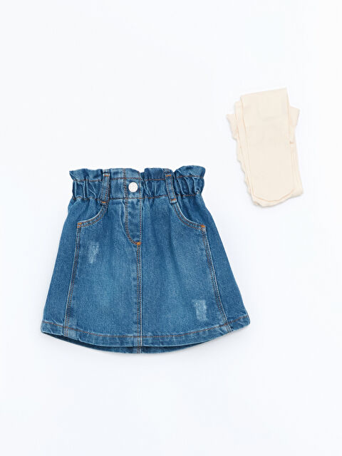 LCW Kids Belİ Lastikli Kız Çocuk Jean Etek ve Külotlu Çorap 2'li Takım - W49271Z1-SHK