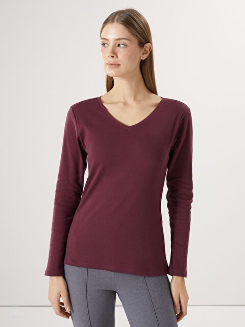 LCWAIKIKI Basic V Yaka Düz Uzun Kollu Kadın Tişört - W49342Z8-HNV