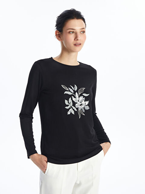 LCWAIKIKI Basic Bisiklet Yaka Baskılı Uzun Kollu Kadın Tişört - W49345Z8-CVL