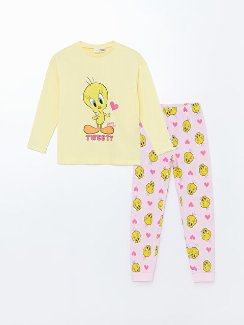 LCW Kids Bisiklet Yaka Tweety Baskılı Uzun Kollu Kız Çocuk Pijama Takımı - W49413Z4-FTH