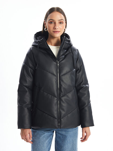 LCW Vision Kapüşonlu Deri Görünümlü Kadın Şişme Mont - W49600Z8-CVL