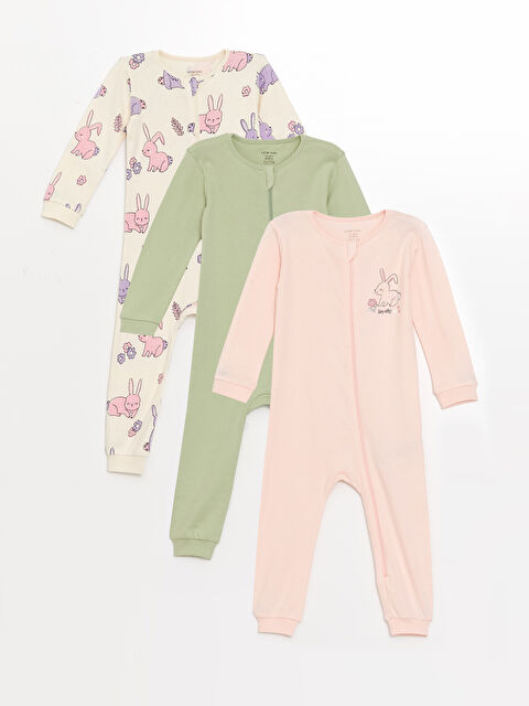 LCW baby Bisiklet Yaka Uzun Kollu Kız Bebek Penye Tulum 3'lü - W49618Z1-LRB