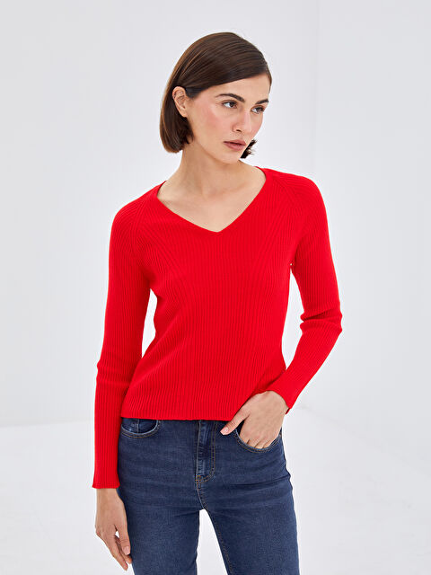 LCW Vision V Yaka Düz Uzun Kollu Kadın Triko Kazak - W49625Z8-R21