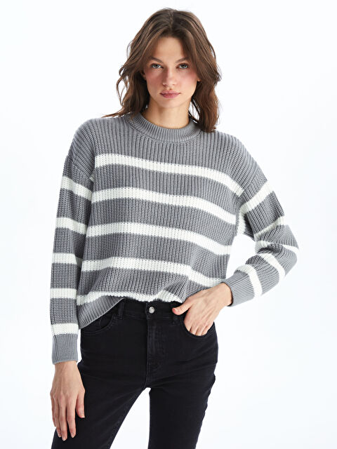 LCW Vision Bisiklet Yaka Çizgili Uzun Kollu Oversize Kadın Triko Kazak - W49768Z8-LFY