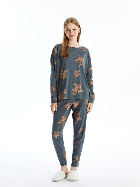 LCW DREAM Bisiklet Yaka Desenli Uzun Kollu Kadın Pijama Takımı - W49897Z8-LRX