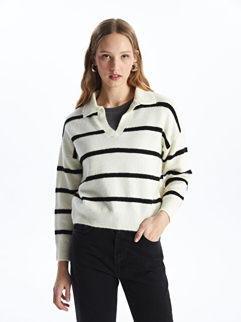 LCW Vision Polo Yaka Çizgili Oversize Kadın Triko Kazak - W49943Z8-LEG