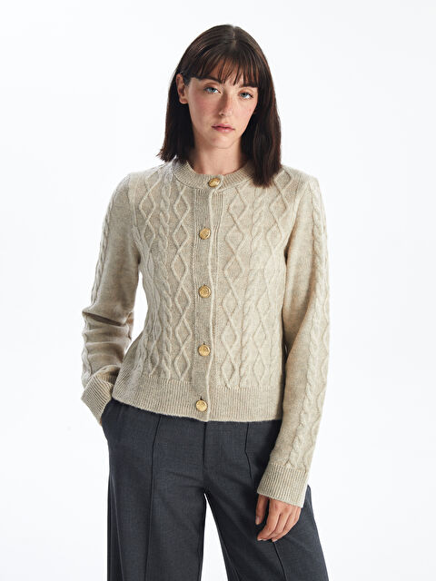 LCW Vision Bisiklet Yaka Kendinden Desenli Kadın Triko Hırka - W49946Z8-YFT