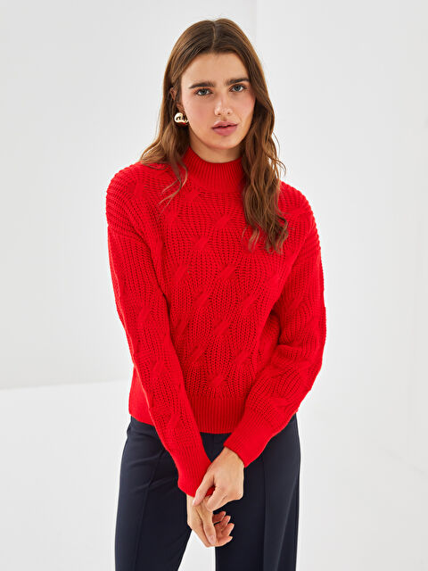 LCW Vision Dik Yaka Kendinden Desenli Kadın Triko Kazak - W49975Z8-R21