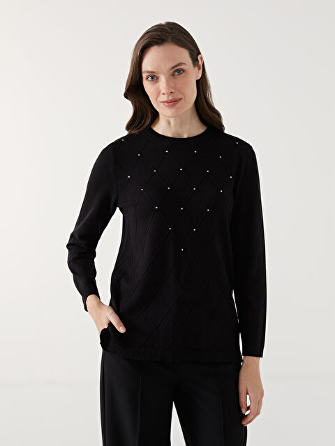 LCW Grace Bisiklet Yaka Taşlı Kadın Triko Kazak - W4AB15Z8-CVL