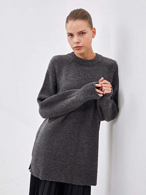 LCW Modest Bisiklet Yaka Düz Uzun Kollu Kadın Triko Tunik - W4AC88Z8-GYS